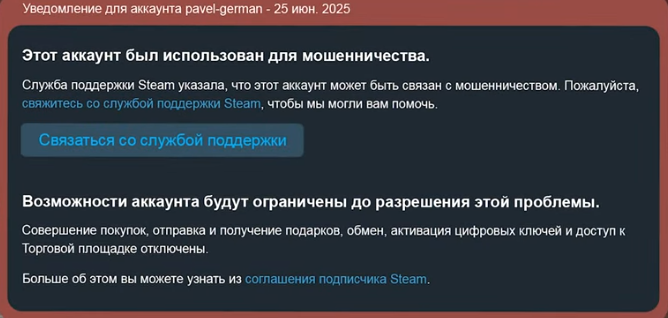 Пример уведомления Steam об ограничениях аккаунта
